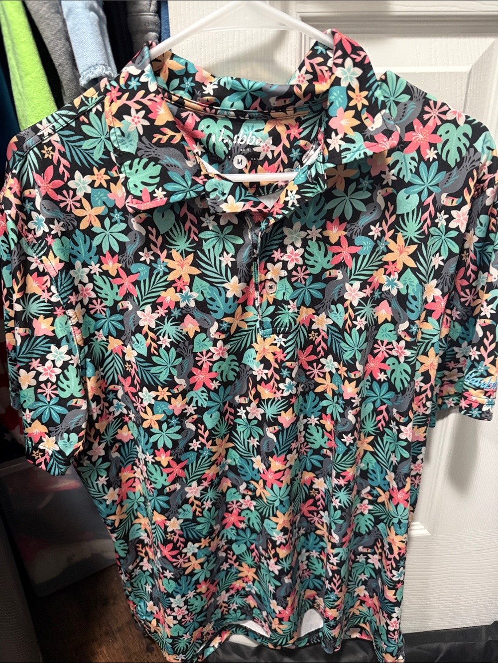 Clubbies  Men's Tropical Floral Polo Shirt - Black/Multi